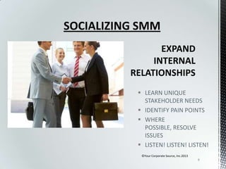SOCIALIZING SMM

 LEARN UNIQUE
STAKEHOLDER NEEDS
 IDENTIFY PAIN POINTS
 WHERE
POSSIBLE, RESOLVE
ISSUES
 LISTEN! LISTEN! LISTEN!
©Your Corporate Source, Inc.2013
8

 