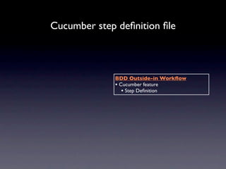 Cucumber step deﬁnition ﬁle



             BDD Outside-in Workﬂow
             • Cucumber feature
                • Step Deﬁnition
 