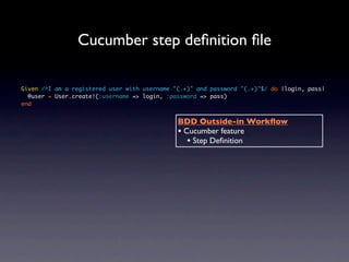 Cucumber step deﬁnition ﬁle

Given /^I am a registered user with username "(.+)" and password "(.+)"$/ do |login, pass|
  @user = User.create!(:username => login, :password => pass)
end


                                              BDD Outside-in Workﬂow
                                              • Cucumber feature
                                                 • Step Deﬁnition
 