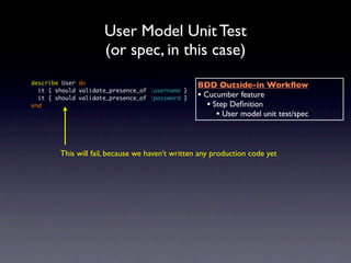 User Model Unit Test
                     (or spec, in this case)
describe User do                                 BDD Outside-in Workﬂow
  it { should validate_presence_of :username }
  it { should validate_presence_of :password }   • Cucumber feature
end                                                 • Step Deﬁnition
                                                       • User model unit test/spec


        This will fail, because we haven’t written any production code yet
 