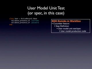 User Model Unit Test
                    (or spec, in this case)
class User < ActiveRecord::Base
  validates_presence_of :username   BDD Outside-in Workﬂow
  validates_presence_of :password
end                                 • Cucumber feature
                                       • Step Deﬁnition
                                          • User model unit test/spec
                                             • User model production code
 