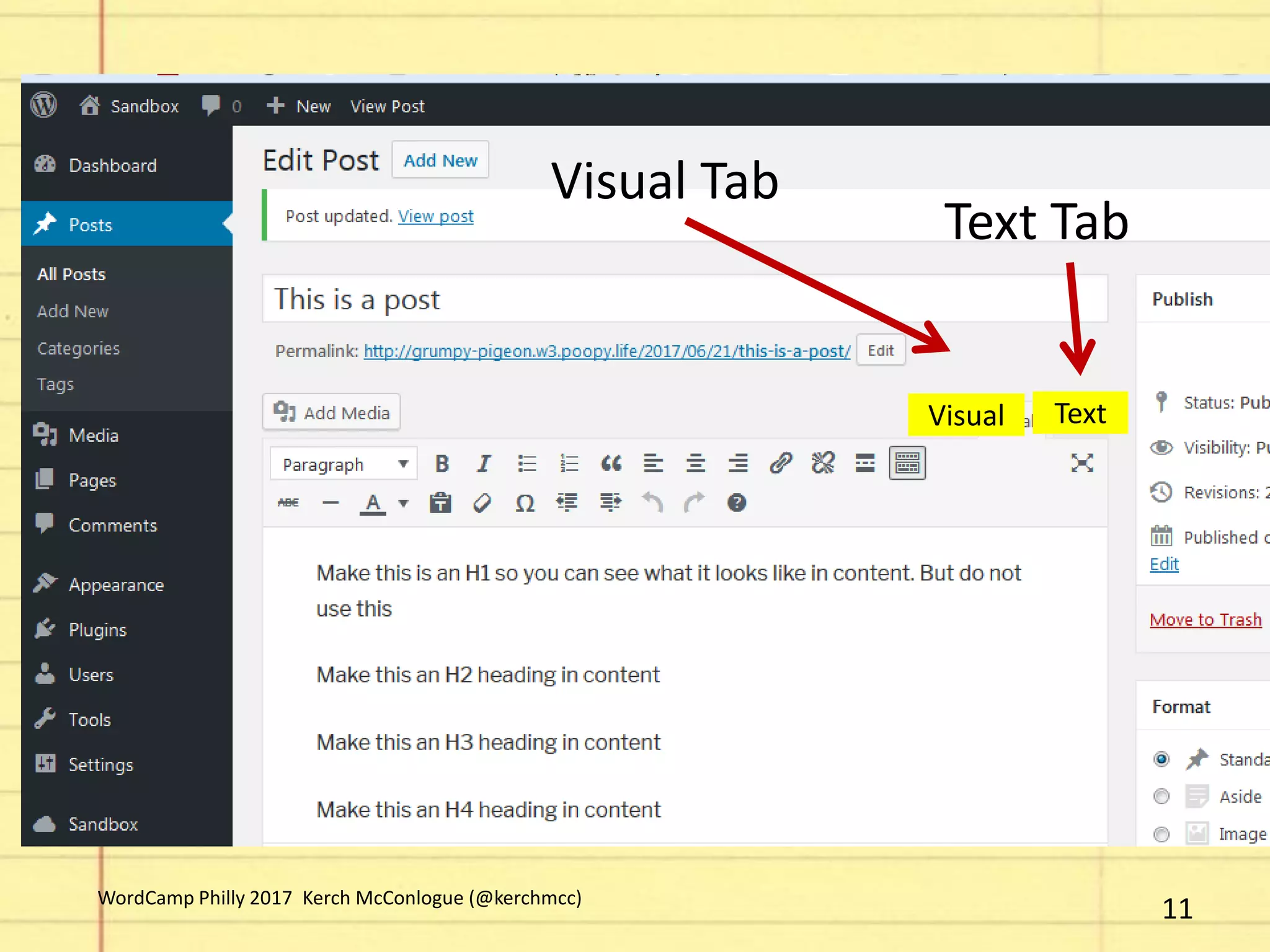 Text Tab
Visual Tab
Visual Text
11WordCamp Philly 2017 Kerch McConlogue (@kerchmcc)
 