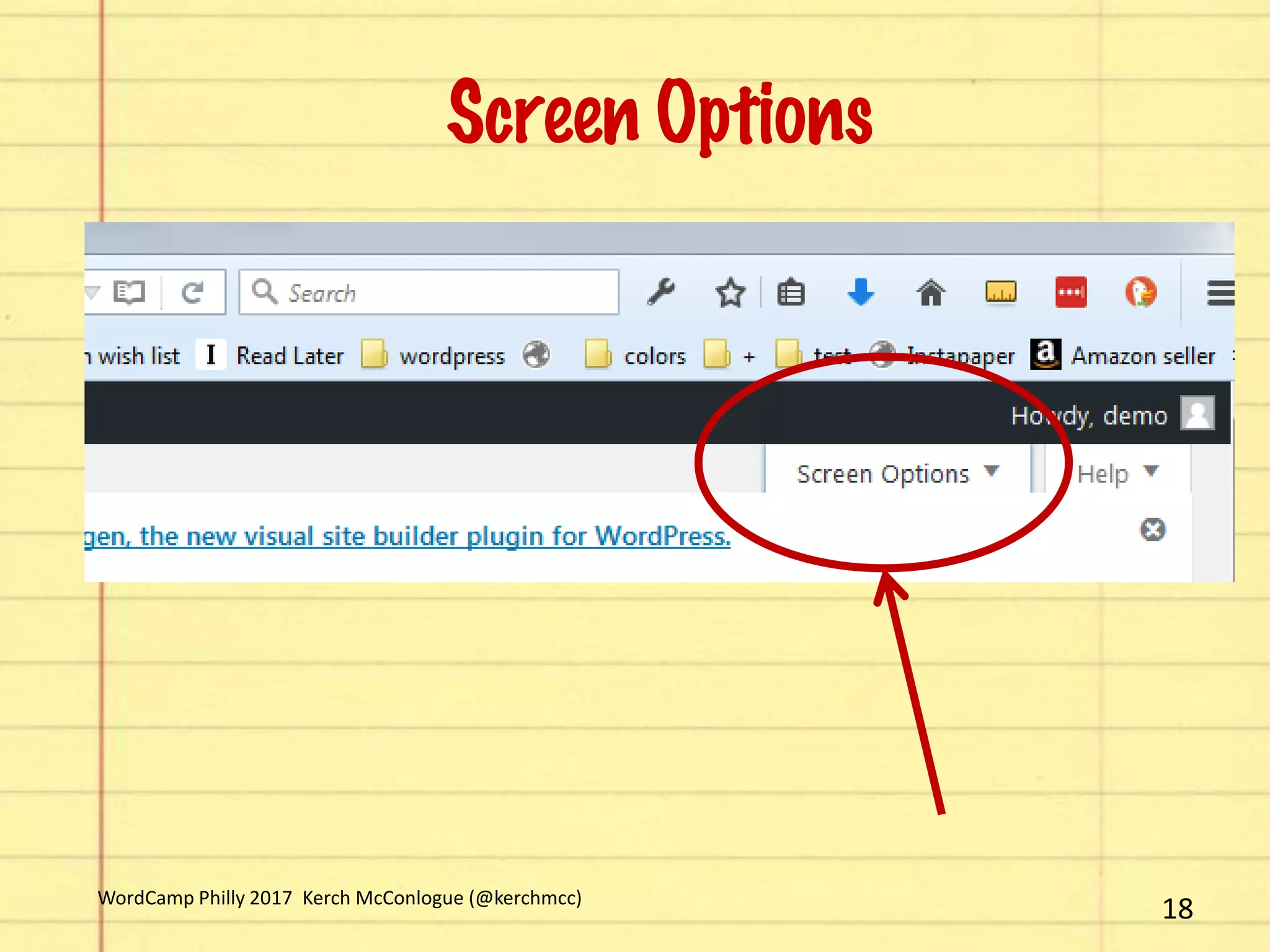Screen Options
18WordCamp Philly 2017 Kerch McConlogue (@kerchmcc)
 