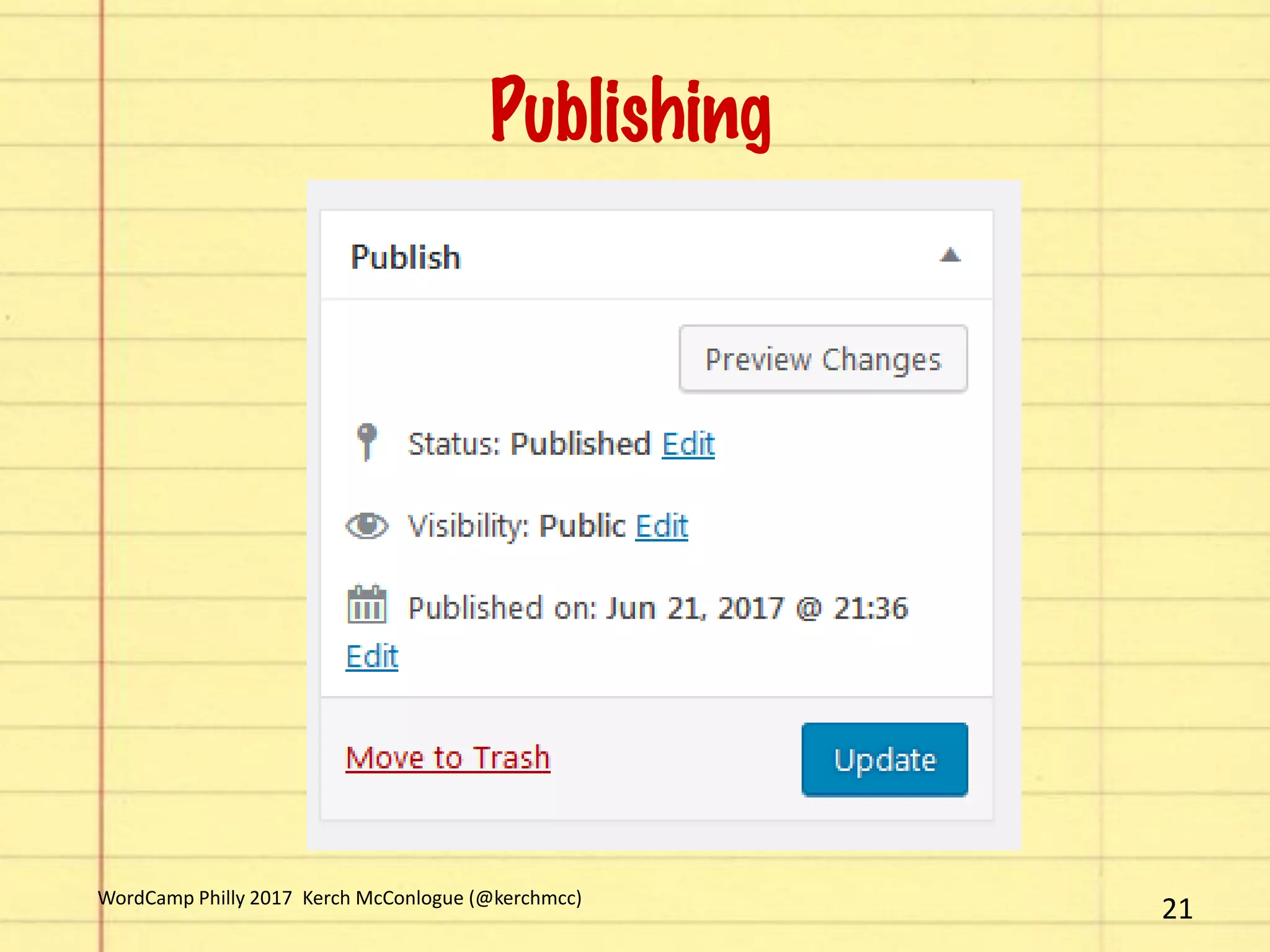 21WordCamp Philly 2017 Kerch McConlogue (@kerchmcc)
Publishing
 