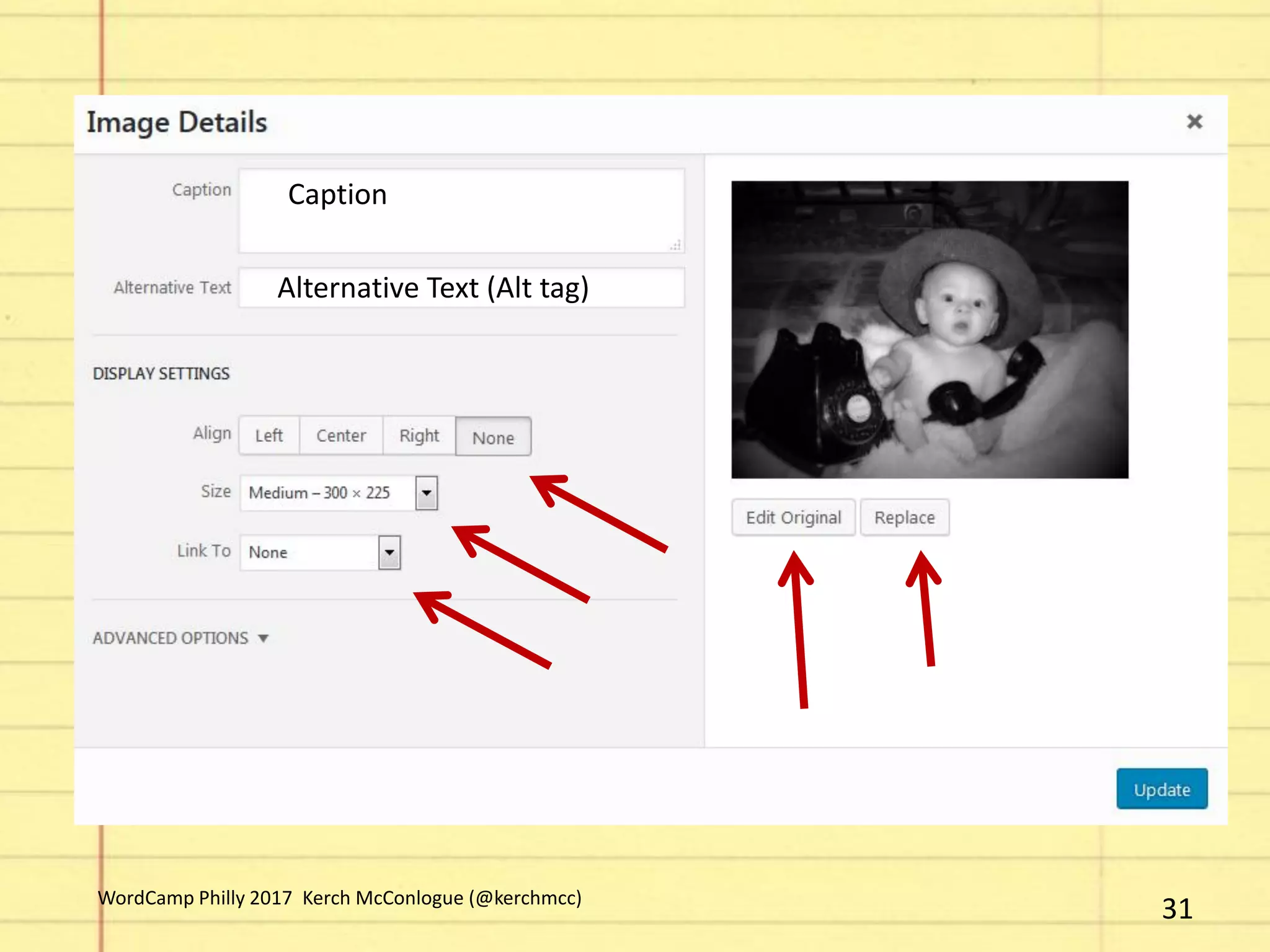 Alternative Text (Alt tag)
Caption
31WordCamp Philly 2017 Kerch McConlogue (@kerchmcc)
 