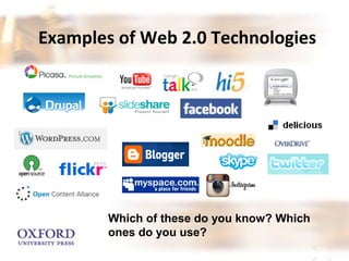 Examples of Web 2.0 Technologies 
Which of these do you know? Which 
ones do you use? 
 