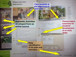 Clear purpose at 
the beginning of 
each unit. 
Pronunciation 
exercises for 
students’ 
development 
at an early 
stage. 
Authentic Activities 
developed from an 
online source 
Easy 
identification 
of its units and 
exercises. 
 