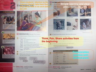 Direct students’ attention to the 
icons on the left, tells them that 
they will be able to do each task in 
the unit. 
Simple opening and clear 
presentation of units 
Think, Pair, Share activities from 
the beginning 
Pronunciation 
practice with 
minimal pairs 
 