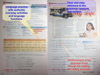 Clear and easy 
reference to the 
grammar contents 
and reviews 
Language practice 
with authentic 
everyday activities 
and language 
functions. 
Reinforcement of the 
language focus 
through the reading 
and writing exercises 
 