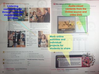 Listening 
comprehension 
through authentic 
visualization of 
activities 
Audio-visual 
contents from the 
Online source and 
video DVD 
More online 
activities and 
individual 
projects for 
students to share 
 