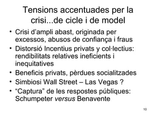 Tensions accentuades per la crisi...de cicle i de model Crisi d’ampli abast, originada per excessos, abusos de confiança i fraus Distorsió Incentius privats y col·lectius: rendibilitats relatives ineficients i inequitatives  Beneficis privats, pèrdues socialitzades Simbiosi Wall Street – Las Vegas ? “ Captura” de les respostes públiques: Schumpeter  versus  Benavente 