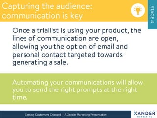 STAGE4
Getting Customers Onboard | A Xander Marketing Presentation 
Capturing the audience:
communication is key
Once a triallist is using your product, the
lines of communication are open,
allowing you the option of email and
personal contact targeted towards
generating a sale.

Automating your communications will allow
you to send the right prompts at the right
time.
 