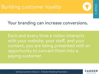 Building customer loyalty
STAGE5
Getting Customers Onboard | A Xander Marketing Presentation 
Your branding can increase conversions.

Each and every time a visitor interacts
with your website, your staff, and your
content, you are being presented with an
opportunity to convert them into a
paying customer.
 