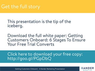 Getting Customers Onboard | A Xander Marketing Presentation 
Get the full story
This presentation is the tip of the
iceberg.
Download the full white paper: Getting
Customers Onboard: 6 Stages To Ensure
Your Free Trial Converts 
Click here to download your free copy:
http://goo.gl/PGpDbQ
 