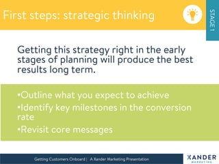 Getting this strategy right in the early
stages of planning will produce the best
results long term.

• Outline what you expect to achieve
• Identify key milestones in the conversion
rate
• Revisit core messages


Build a marketing strategy
speciﬁcally for your SaaS solution
Getting Customers Onboard | A Xander Marketing Presentation 
First steps: strategic thinking
STAGE1
 
