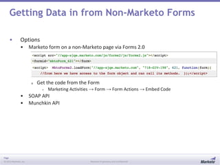 Page
© 2013 Marketo, Inc. Marketo Proprietary and Confidential
Getting Data in from Non-Marketo Forms
• Options
• Marketo form on a non-Marketo page via Forms 2.0
o Get the code from the Form
◉ Marketing Activities → Form → Form Actions → Embed Code
• SOAP API
• Munchkin API
 
