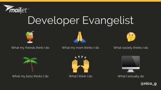 Developer Evangelist
@nico_g
What my friends think I do What my mom thinks I do What society thinks I do
What my boss thinks I do What I think I do What I actually do
 
