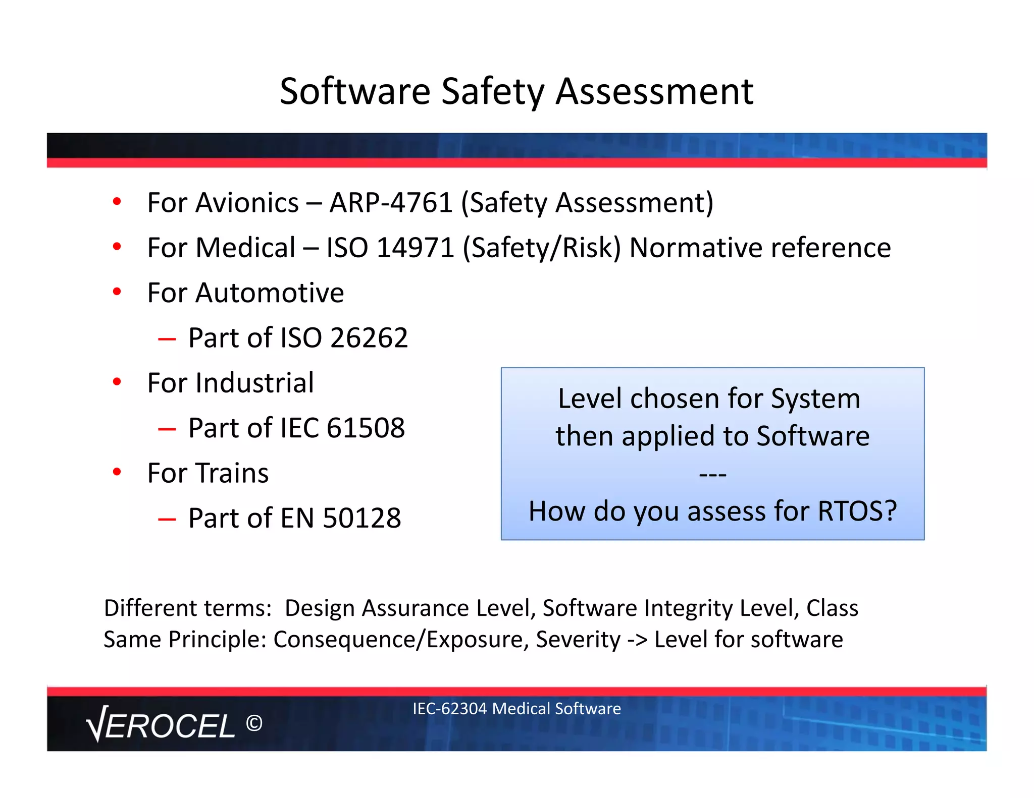 ©
Software Safety Assessment
• For Avionics – ARP‐4761 (Safety Assessment) 
• For Medical – ISO 14971 (Safety/Risk) Normative reference 
• For Automotive 
– Part of ISO 26262
• For Industrial
– Part of IEC 61508
• For Trains
– Part of EN 50128
IEC‐62304 Medical Software
Different terms:  Design Assurance Level, Software Integrity Level, Class
Same Principle: Consequence/Exposure, Severity ‐> Level for software
Level chosen for System 
then applied to Software
‐‐‐
How do you assess for RTOS?
 