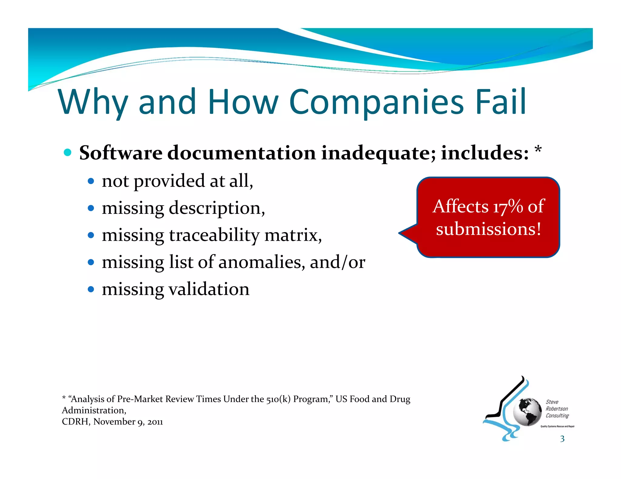 Why and How Companies Fail
 Software documentation inadequate; includes: *
 not provided at all,
 missing description,
 missing traceability matrix,
 missing list of anomalies, and/or
 missing validation
* “Analysis of Pre‐Market Review Times Under the 510(k) Program,” US Food and Drug 
Administration, 
CDRH, November 9, 2011
Affects 17% of 
submissions!
3
 