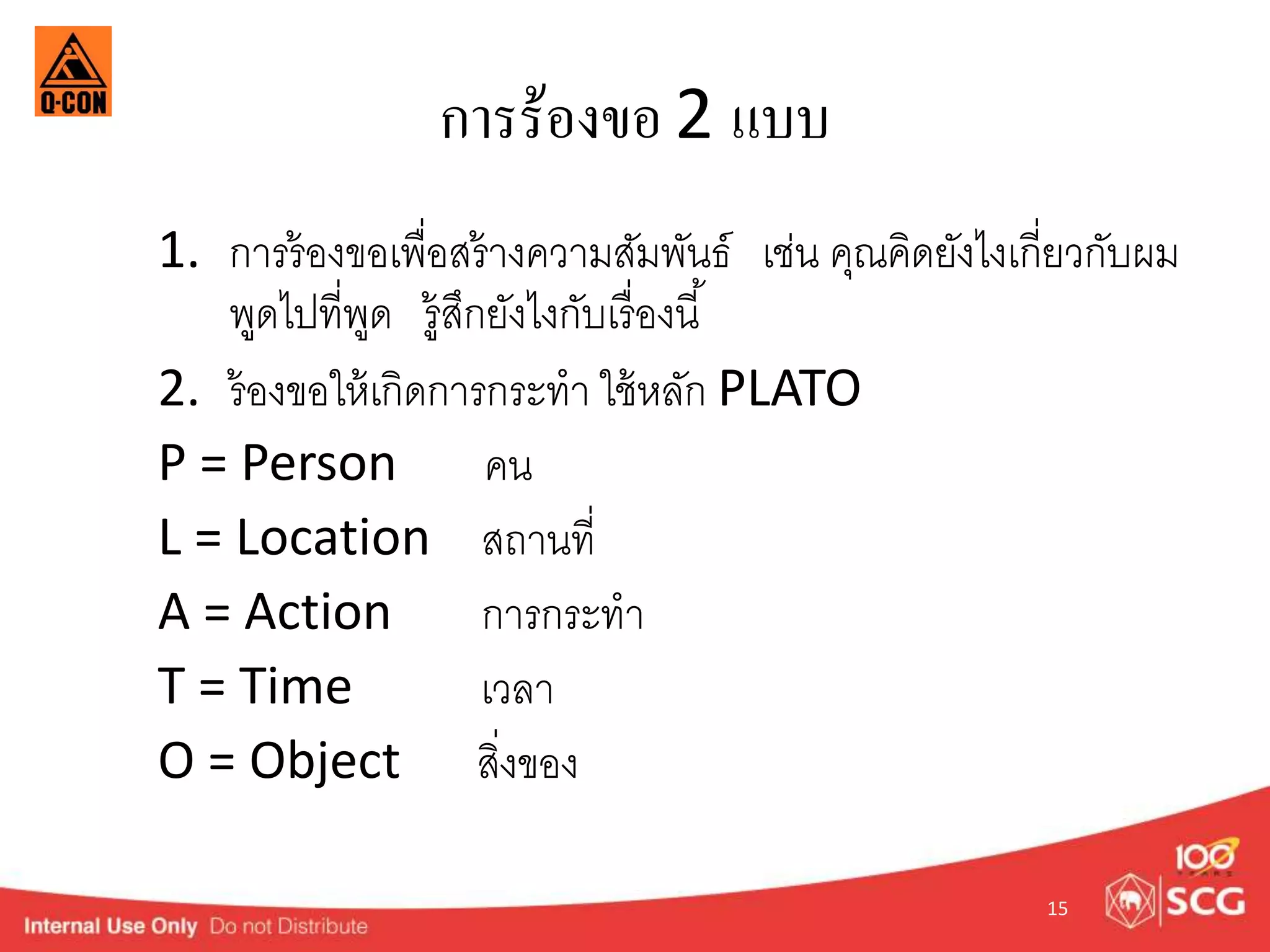 การร้องขอ 2 แบบ 
1. กำรร้องขอเพื่อสร้ำงควำมสัมพันธ์ เช่น คุณคิดยังไงเกี่ยวกับผม 
พูดไปที่พูด รู้สึกยังไงกับเรื่องนี้ 
2. ร้องขอให้เกิดกำรกระทำ ใช้หลัก PLATO 
P = Person คน 
L = Location สถำนที่ 
A = Action กำรกระทำ 
T = Time เวลำ 
O = Object สิ่งของ 
15 
 