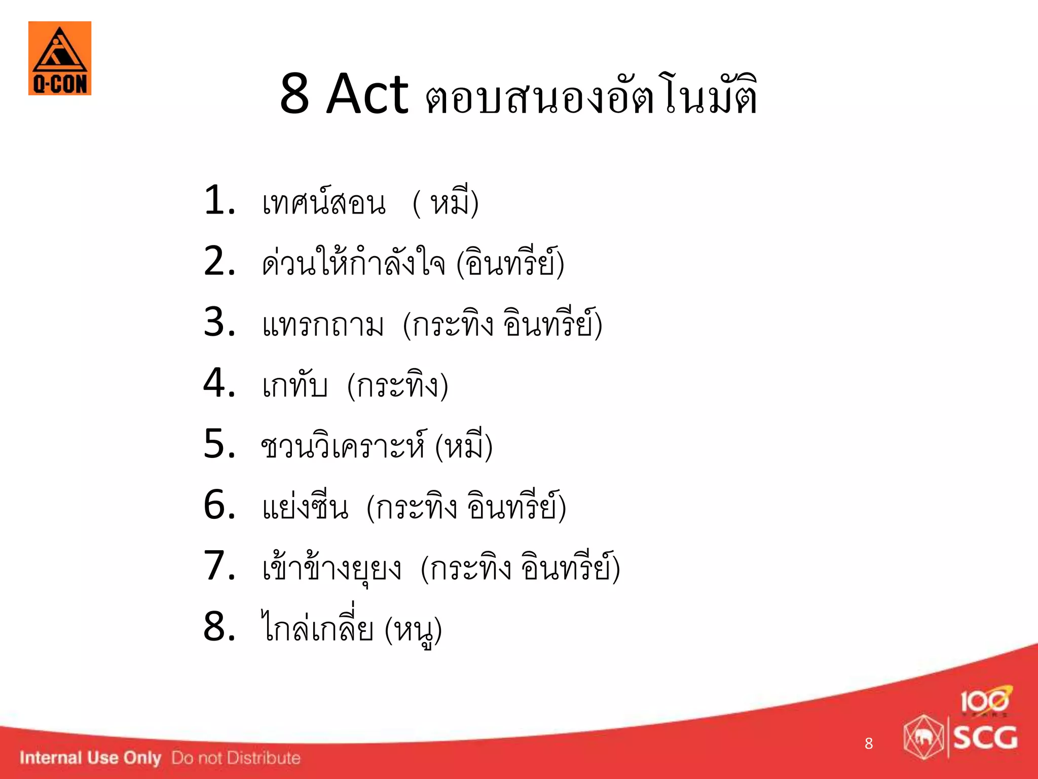 8 Act ตอบสนองอัตโนมัติ 
1. เทศน์สอน ( หมี) 
2. ด่วนให้กำลังใจ (อินทรีย์) 
3. แทรกถำม (กระทิง อินทรีย์) 
4. เกทับ (กระทิง) 
5. ชวนวิเครำะห์ (หมี) 
6. แย่งซีน (กระทิง อินทรีย์) 
7. เข้ำข้ำงยุยง (กระทิง อินทรีย์) 
8. ไกล่เกลี่ย (หนู) 
8 
 