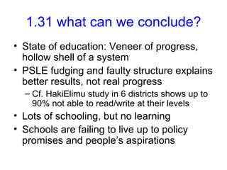 1.31 what can we conclude? State of education: Veneer of progress, hollow shell of a system PSLE fudging and faulty structure explains better results, not real progress Cf. HakiElimu study in 6 districts shows up to 90% not able to read/write at their levels Lots of schooling, but no learning Schools are failing to live up to policy promises and people’s aspirations 