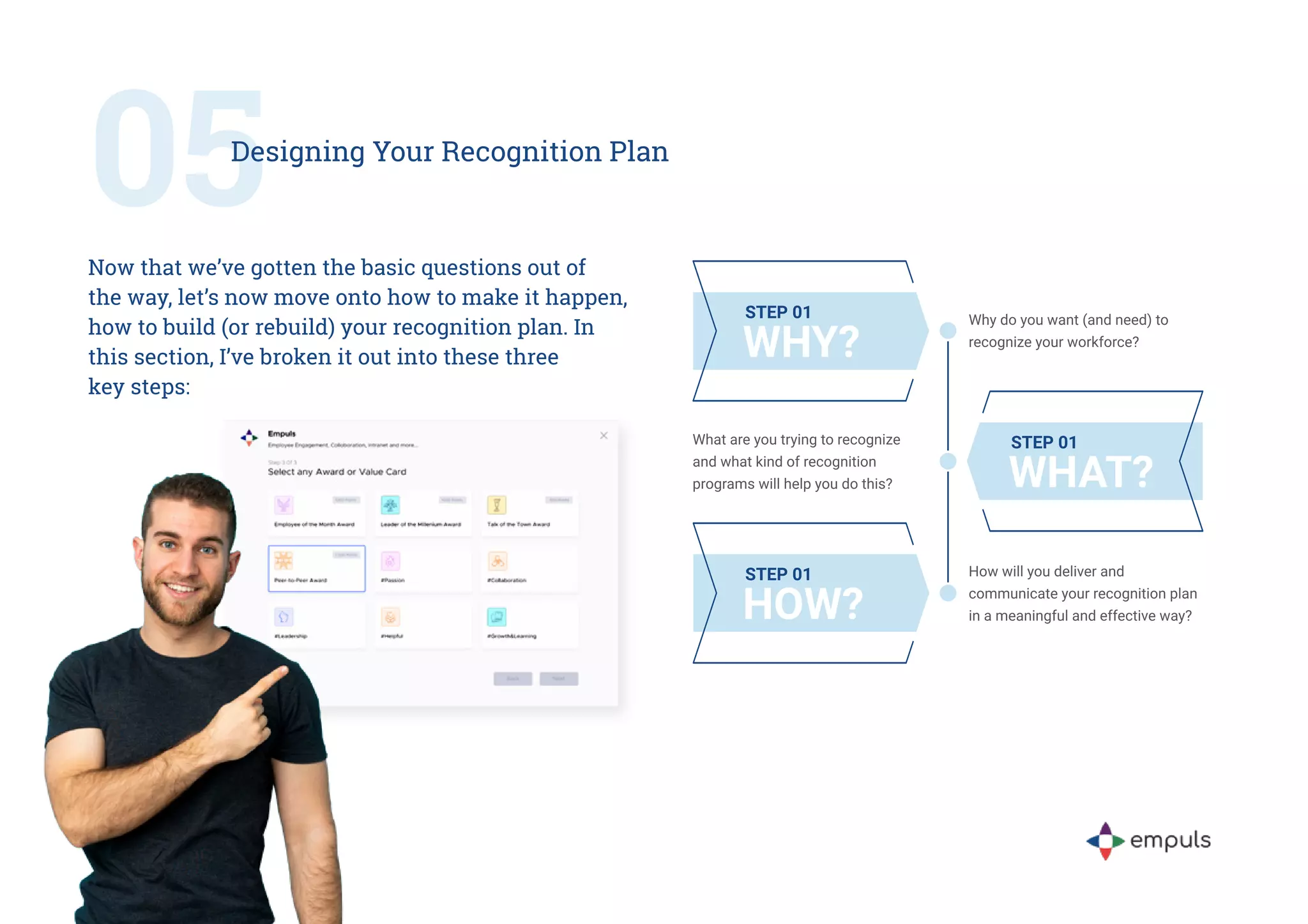 05
Designing Your Recognition Plan
Now that we’ve gotten the basic questions out of
the way, let’s now move onto how to make it happen,
how to build (or rebuild) your recognition plan. In
this section, I’ve broken it out into these three
key steps:
 