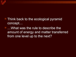  Think back to the ecological pyramid
concept…
 …What was the rule to describe the
amount of energy and matter transferred
from one level up to the next?
 