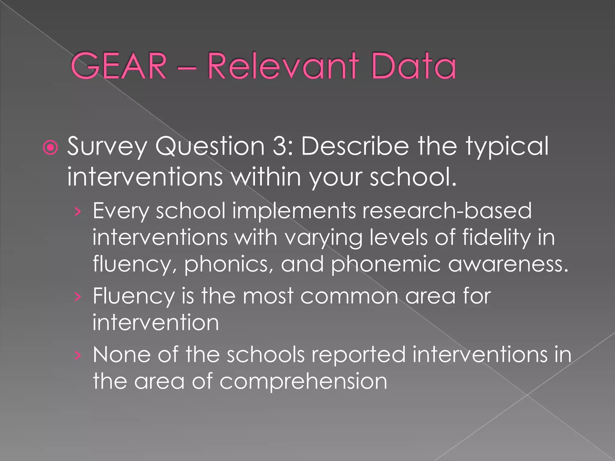 GEAR – Relevant DataSurvey Question 3: Describe the typical interventions within your school.Every school implements research-based interventions with varying levels of fidelity in fluency, phonics, and phonemic awareness.Fluency is the most common area for interventionNone of the schools reported interventions in the area of comprehension