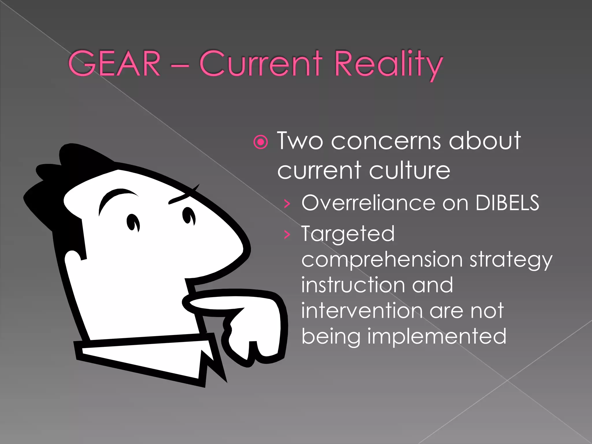 GEAR – Current RealityTwo concerns about current cultureOverreliance on DIBELSTargeted comprehension strategy instruction and intervention arenot being implemented