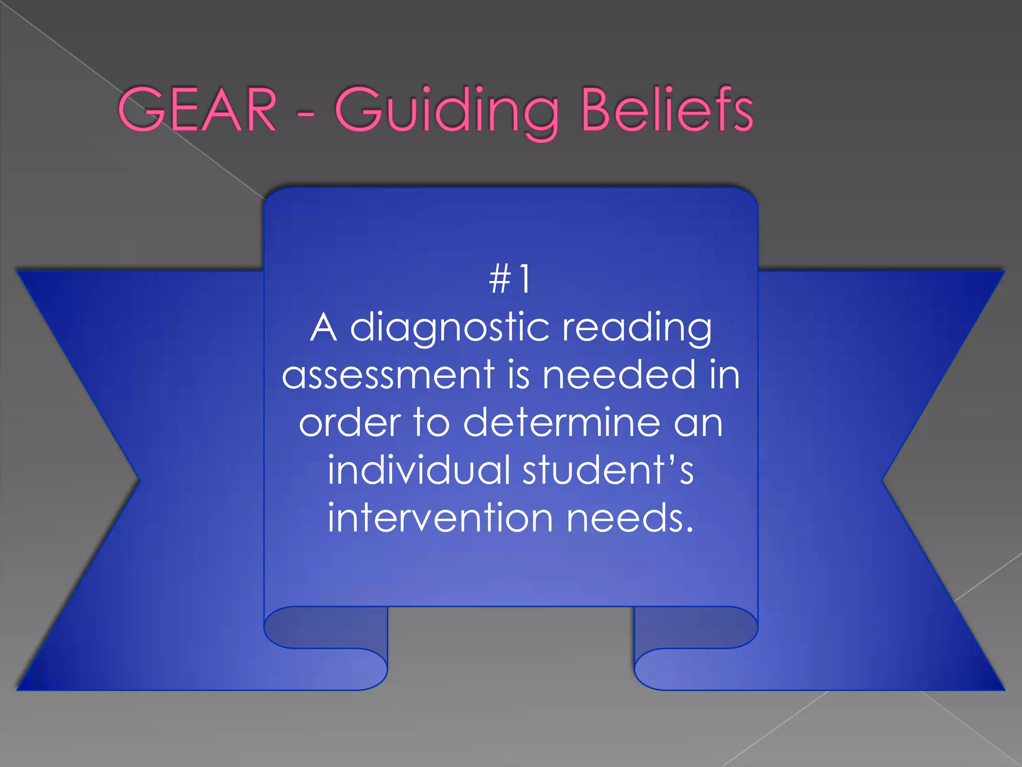 GEAR - Guiding Beliefs#1A diagnostic reading assessment is needed in order to determine an individual student’s intervention needs.