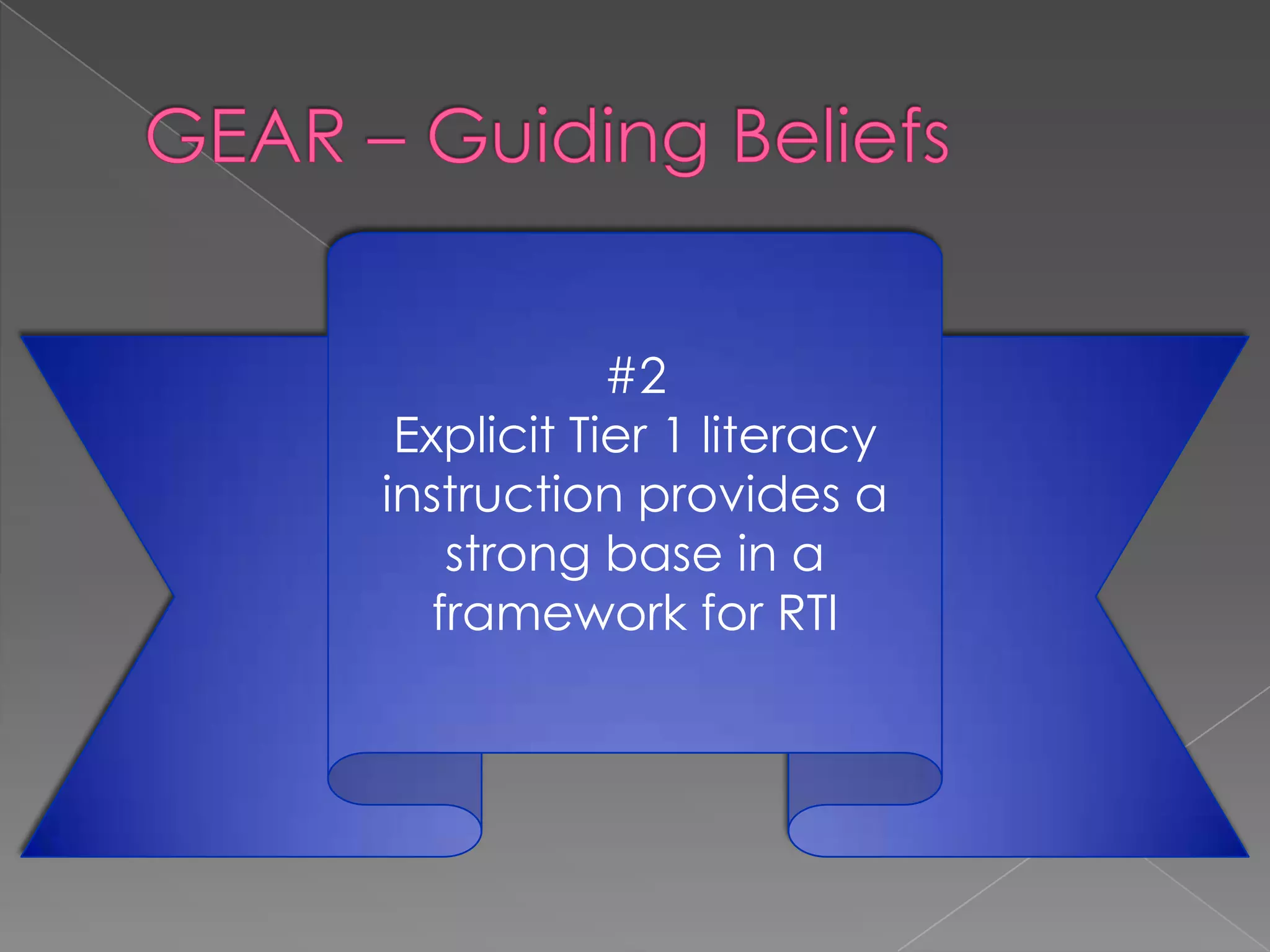 GEAR – Guiding Beliefs#2Explicit Tier 1 literacy instruction provides a strong base in a framework for RTI
