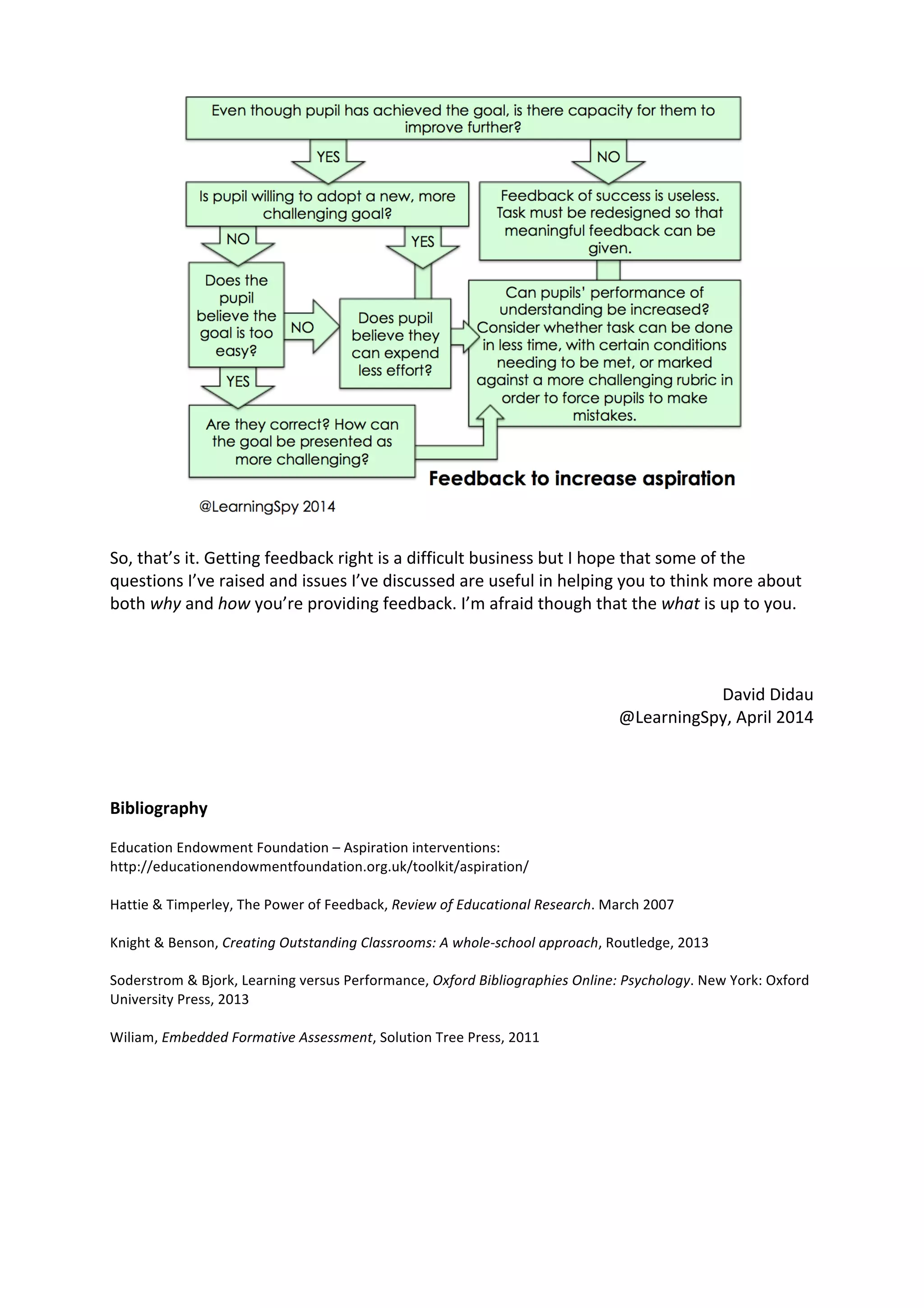  
	
  
So,	
  that’s	
  it.	
  Getting	
  feedback	
  right	
  is	
  a	
  difficult	
  business	
  but	
  I	
  hope	
  that	
  some	
  of	
  the	
  
questions	
  I’ve	
  raised	
  and	
  issues	
  I’ve	
  discussed	
  are	
  useful	
  in	
  helping	
  you	
  to	
  think	
  more	
  about	
  
both	
  why	
  and	
  how	
  you’re	
  providing	
  feedback.	
  I’m	
  afraid	
  though	
  that	
  the	
  what	
  is	
  up	
  to	
  you.	
  
	
  
	
  
	
  
David	
  Didau	
  	
  
@LearningSpy,	
  April	
  2014	
  
	
  
	
  
	
  
Bibliography	
  
	
  
Education	
  Endowment	
  Foundation	
  –	
  Aspiration	
  interventions:	
  
http://educationendowmentfoundation.org.uk/toolkit/aspiration/	
  
	
  
Hattie	
  &	
  Timperley,	
  The	
  Power	
  of	
  Feedback,	
  Review	
  of	
  Educational	
  Research.	
  March	
  2007	
  
	
  
Knight	
  &	
  Benson,	
  Creating	
  Outstanding	
  Classrooms:	
  A	
  whole-­‐school	
  approach,	
  Routledge,	
  2013	
  
	
  
Soderstrom	
  &	
  Bjork,	
  Learning	
  versus	
  Performance,	
  Oxford	
  Bibliographies	
  Online:	
  Psychology.	
  New	
  York:	
  Oxford	
  
University	
  Press,	
  2013	
  
	
  
Wiliam,	
  Embedded	
  Formative	
  Assessment,	
  Solution	
  Tree	
  Press,	
  2011	
  
	
  
	
  
 