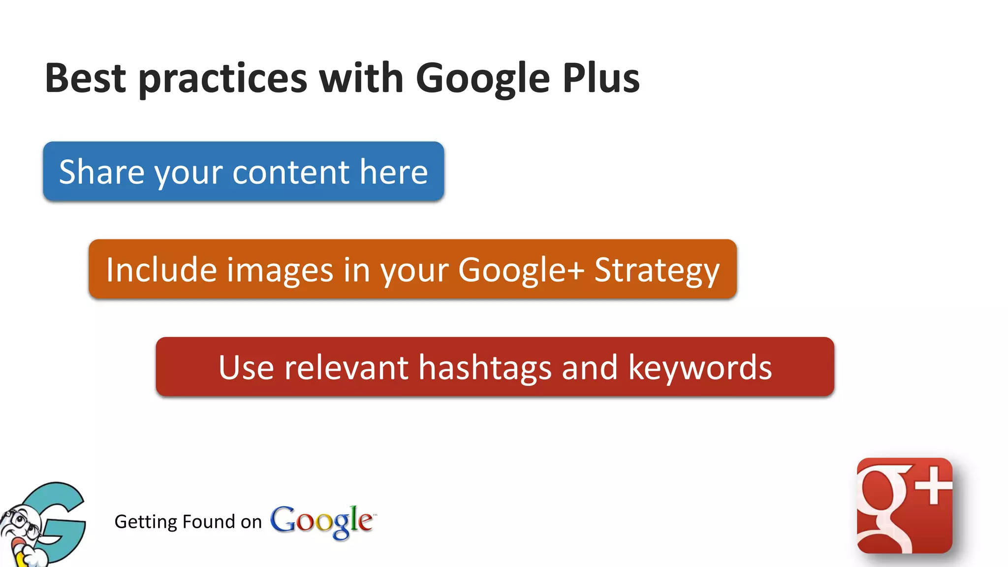 Best practices with Google Plus
Share your content here
Include images in your Google+ Strategy

Use relevant hashtags and keywords

Getting Found on

 