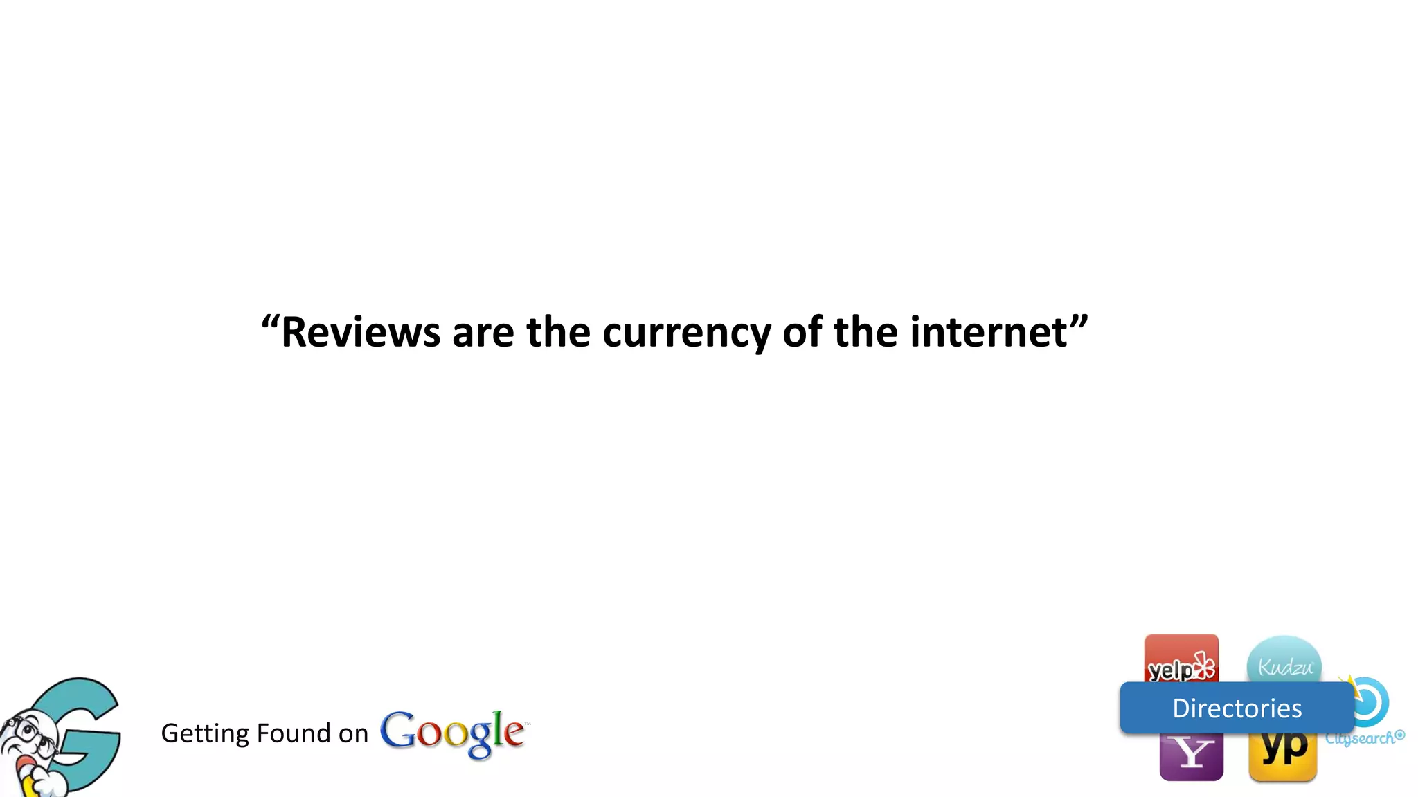 “Reviews are the currency of the internet”

Getting Found on

Directories

 