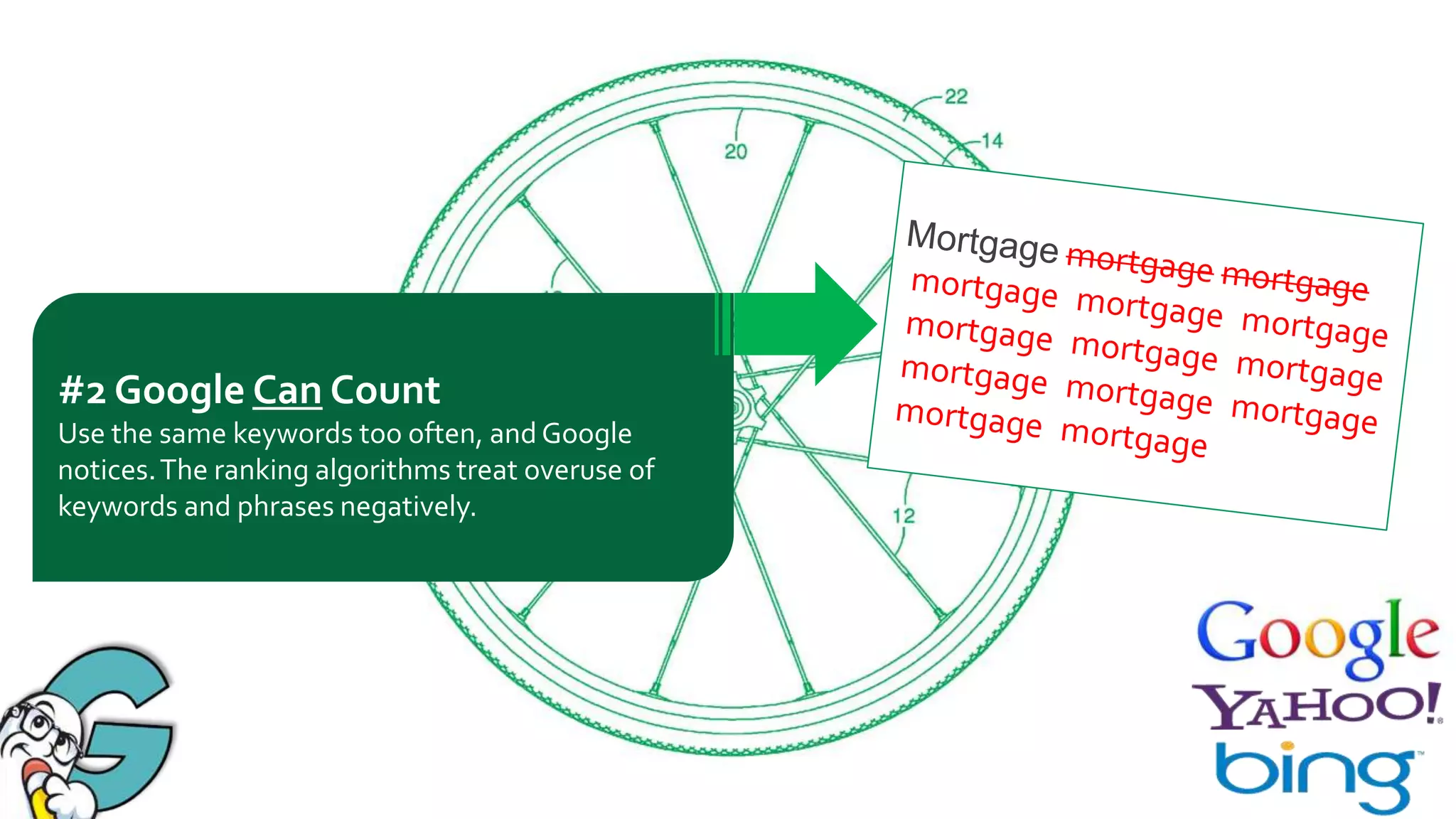 #2 Google Can Count
Use the same keywords too often, and Google
notices. The ranking algorithms treat overuse of
keywords and phrases negatively.

 