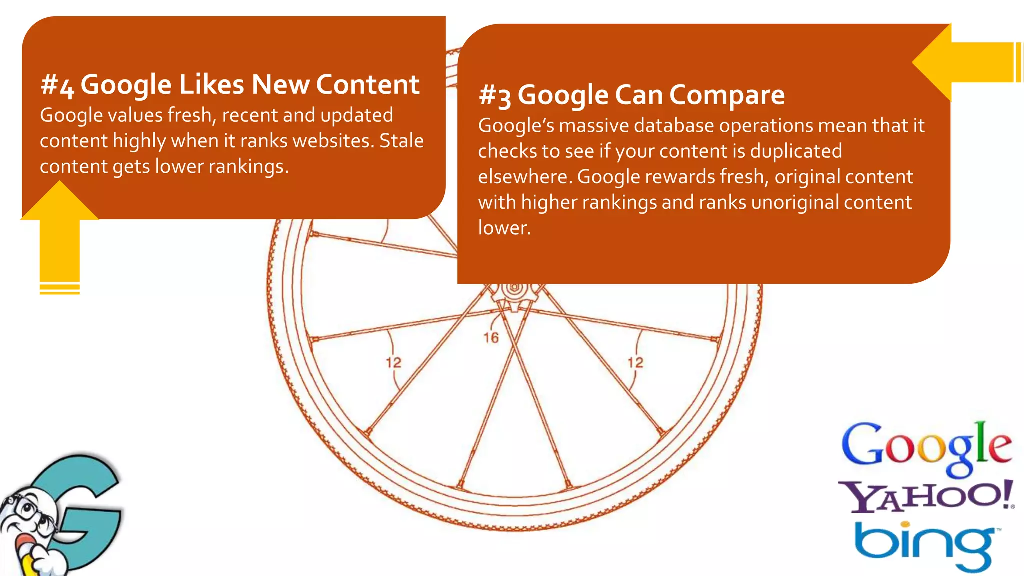 #4 Google Likes New Content
Google values fresh, recent and updated
content highly when it ranks websites. Stale
content gets lower rankings.

#3 Google Can Compare
Google’s massive database operations mean that it
checks to see if your content is duplicated
elsewhere. Google rewards fresh, original content
with higher rankings and ranks unoriginal content
lower.

 