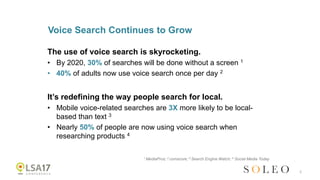 Voice Search Continues to Grow
The use of voice search is skyrocketing.
• By 2020, 30% of searches will be done without a ...