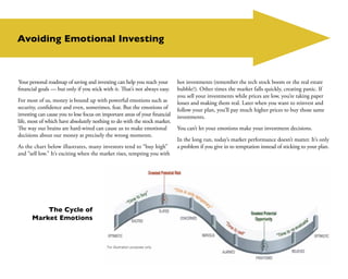 Avoiding Emotional Investing



Your personal roadmap of saving and investing can help you reach your        hot investments (remember the tech stock boom or the real estate
financial goals — but only if you stick with it. That’s not always easy.     bubble?). Other times the market falls quickly, creating panic. If
                                                                             you sell your investments while prices are low, you’re taking paper
For most of us, money is bound up with powerful emotions such as             losses and making them real. Later when you want to reinvest and
security, confidence and even, sometimes, fear. But the emotions of          follow your plan, you’ll pay much higher prices to buy those same
investing can cause you to lose focus on important areas of your financial   investments.
life, most of which have absolutely nothing to do with the stock market.
The way our brains are hard-wired can cause us to make emotional             You can’t let your emotions make your investment decisions.
decisions about our money at precisely the wrong moments.
                                                                             In the long run, today’s market performance doesn’t matter. It’s only
As the chart below illustrates, many investors tend to “buy high”            a problem if you give in to temptation instead of sticking to your plan.
and “sell low.” It’s exciting when the market rises, tempting you with




          The Cycle of
      Market Emotions



                                           For illustration purposes only.
 