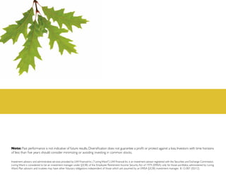 Note: Past performance is not indicative of future results. Diversification does not guarantee a profit or protect against a loss. Investors with time horizons
of less than five years should consider minimizing or avoiding investing in common stocks.

Investment advisory and administrative services provided by LWI Financial Inc. (”Loring Ward”). LWI Financial Inc. is an investment advisor registered with the Securities and Exchange Commission.
Loring Ward is considered to be an investment manager under §3(38) of the Employee Retirement Income Security Act of 1974 (ERISA) only for those portfolios administered by Loring
Ward. Plan advisors and trustees may have other fiduciary obligations independent of those which are assumed by an ERISA §3(38) investment manager. B 12-007 (02/12)
 