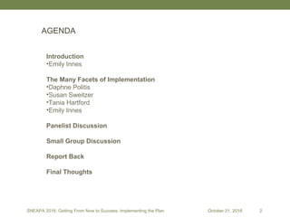 Introduction
•Emily Innes
The Many Facets of Implementation
•Daphne Politis
•Susan Sweitzer
•Tania Hartford
•Emily Innes
Panelist Discussion
Small Group Discussion
Report Back
Final Thoughts
AGENDA
SNEAPA 2016: Getting From Now to Success: Implementing the Plan October 21, 2016 2
 
