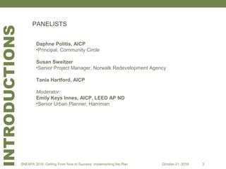 Daphne Politis, AICP
•Principal, Community Circle
Susan Sweitzer
•Senior Project Manager, Norwalk Redevelopment Agency
Tania Hartford, AICP
Moderator:
Emily Keys Innes, AICP, LEED AP ND
•Senior Urban Planner, Harriman
PANELISTS
INTRODUCTIONS
SNEAPA 2016: Getting From Now to Success: Implementing the Plan October 21, 2016 3
 