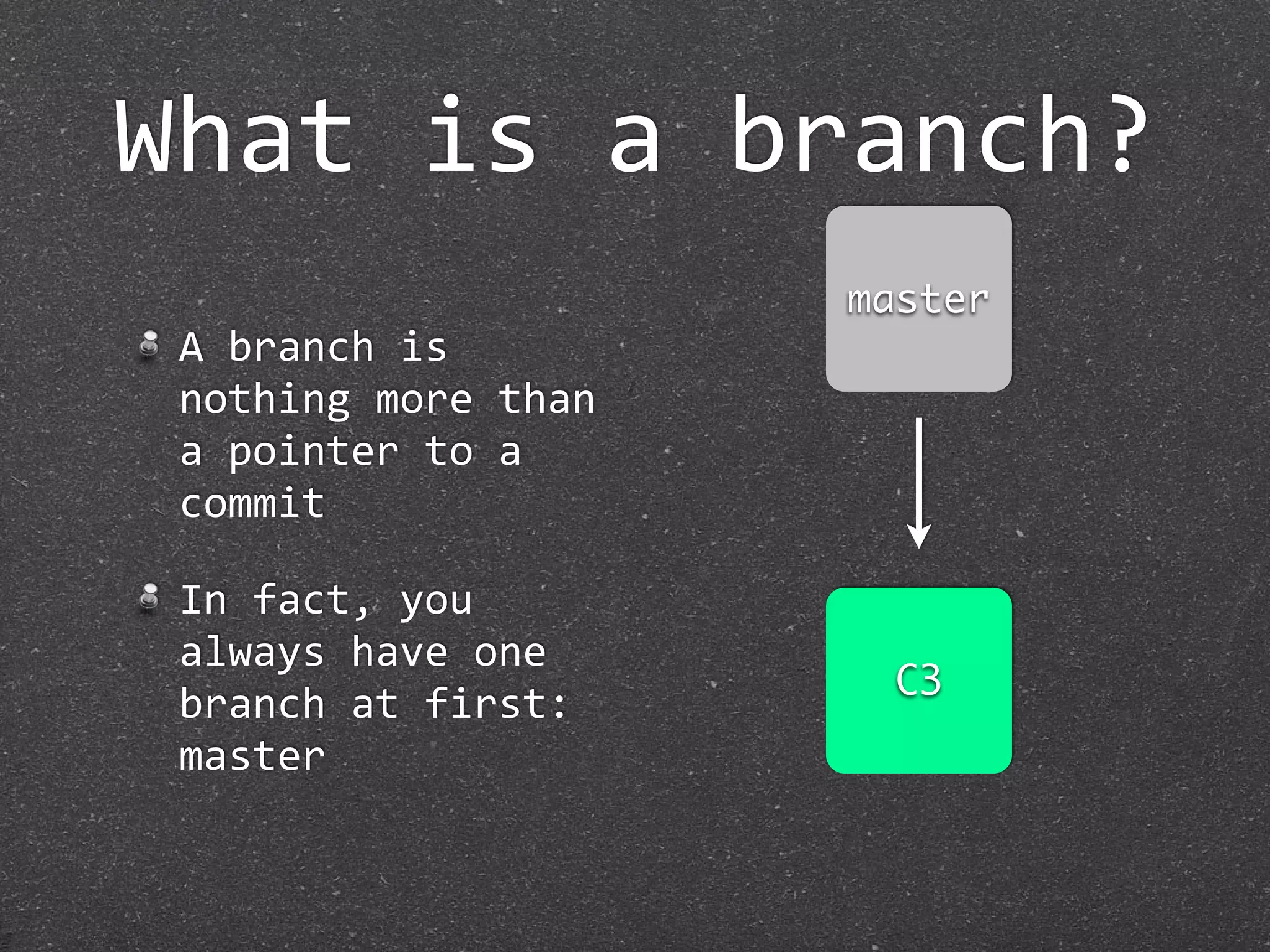What is a branch?
                      master
 A branch is 
 nothing more than 
 a pointer to a 
 commit

 In fact, you 
 always have one 
                        C3
 branch at first:
 master
 