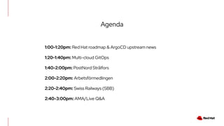 Agenda
1:00-1:20pm: Red Hat roadmap & ArgoCD upstream news
1:20-1:40pm: Multi-cloud GitOps
1:40-2:00pm: PostNord Strålfors
2:00-2:20pm: Arbetsförmedlingen
2:20-2:40pm: Swiss Railways (SBB)
2:40-3:00pm: AMA/Live Q&A
 