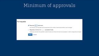 master <deploy on green build to production> branch 
everyone can read & branch 
master 
feature/IRKD-30 
Branch Permissions with 
 