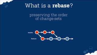 Branch per issue First: 
feature/JIRA-30 
stable master branch 
isolated feature work 
master 
 