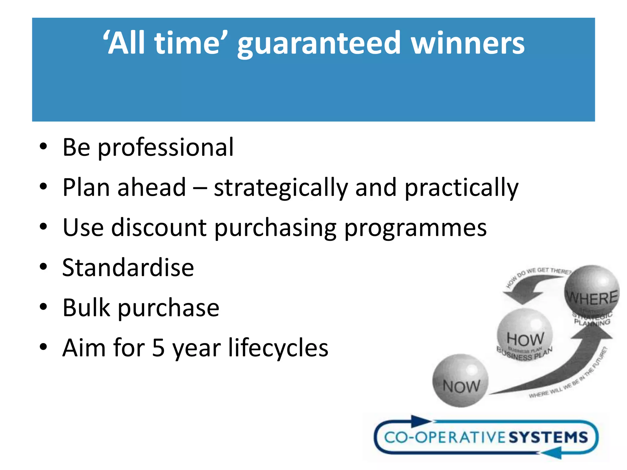 ‘All time’ guaranteed winners

•   Be professional
•   Plan ahead – strategically and practically
•   Use discount purchasing programmes
•   Standardise
•   Bulk purchase
•   Aim for 5 year lifecycles
 