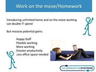 Work on the move/Homework

Introducing unlimited home and on the move working
can double IT spend

But massive potential gains:

       Happy Staff
       Flexible working
       More working
       Greater productivity
       Less office space needed
 