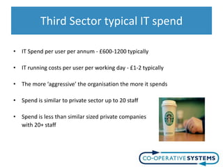 Third Sector typical IT spend

• IT Spend per user per annum - £600-1200 typically

• IT running costs per user per working day - £1-2 typically

• The more ‘aggressive’ the organisation the more it spends

• Spend is similar to private sector up to 20 staff

• Spend is less than similar sized private companies
  with 20+ staff
 