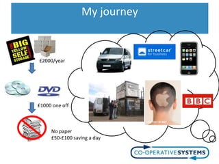 My journey


£2000/year




£1000 one off



     No paper
     £50-£100 saving a day
 